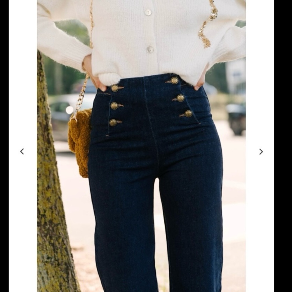 Denim SailorJeans Blue Flare Wide Leg with Gold Buttons Size Large 99% COTTON - Picture 15 of 16